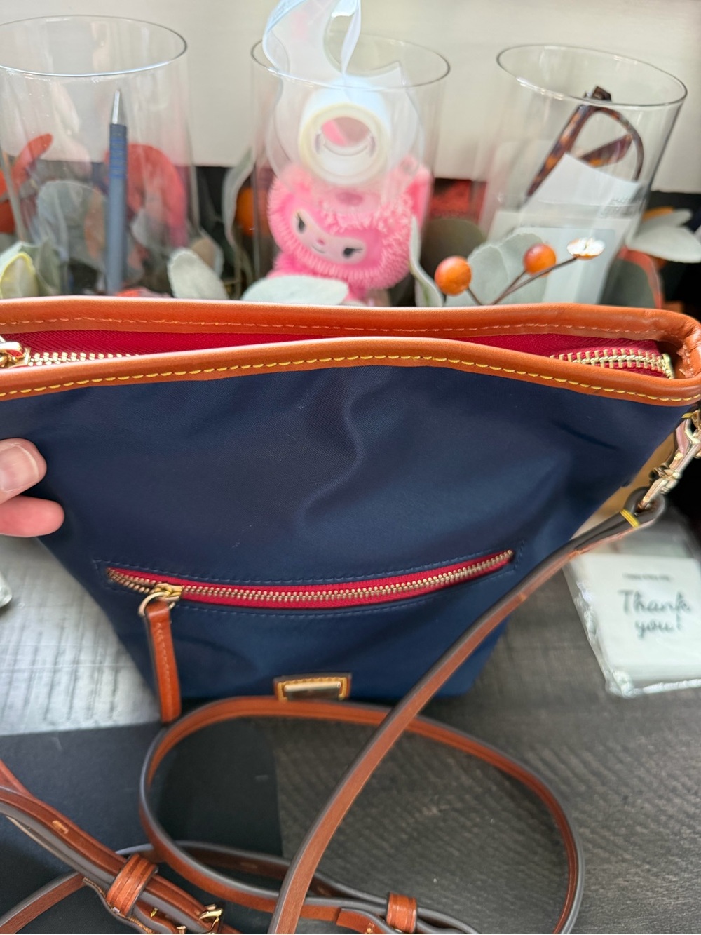 Dooney & Bourke Navy Crossbody with Brown Leather Trim and Red Accent - Picture 7 of 14